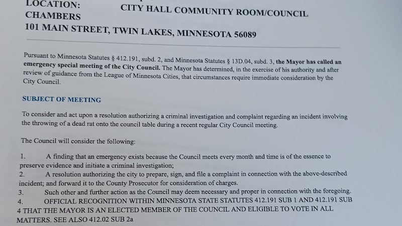 Twin Lakes calls emergency meeting over dead rat thrown at council meeting