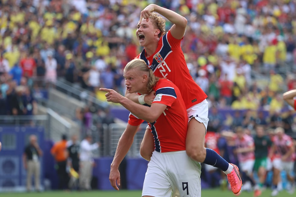 Norway's Erling Haaland (9) celebrates with Andreas Schjelderup (21) after scoring their...