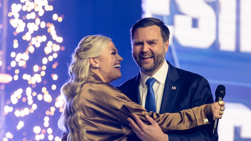 Erika Kirk greets Vice President JD Vance during Turning Point USA's AmericaFest 2025, Sunday,...