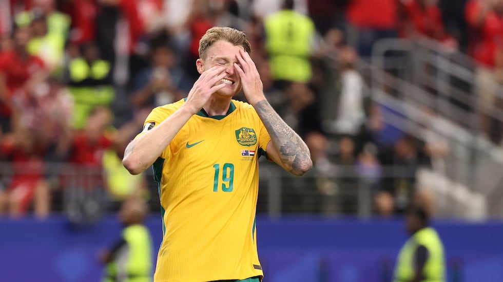 Australia's Harry Souttar reacts after missing a penalty during a shootout at the World Cup...