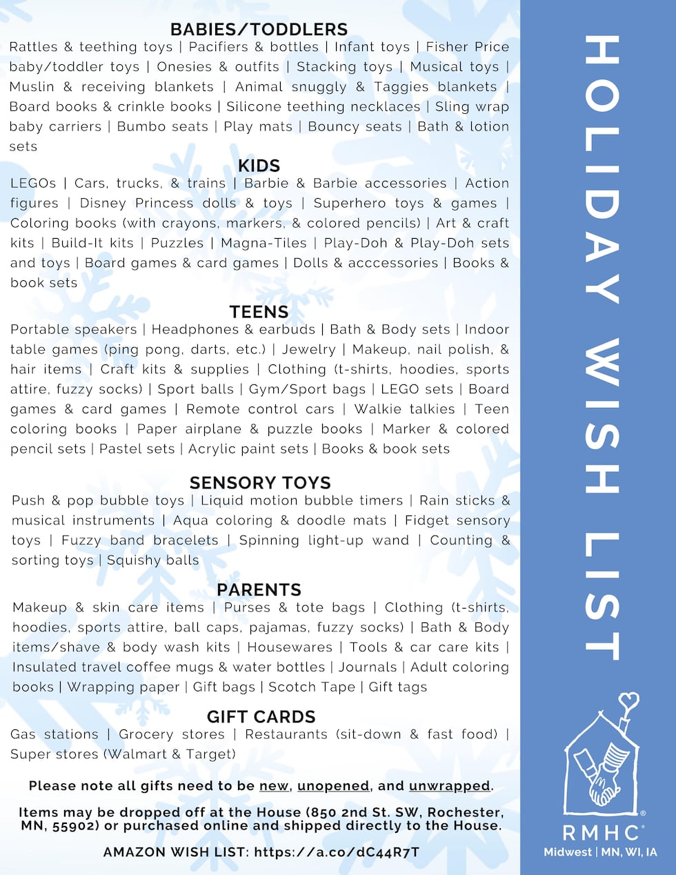 Ronald McDonald House Midwest MN, WI, IA posts holiday wish list