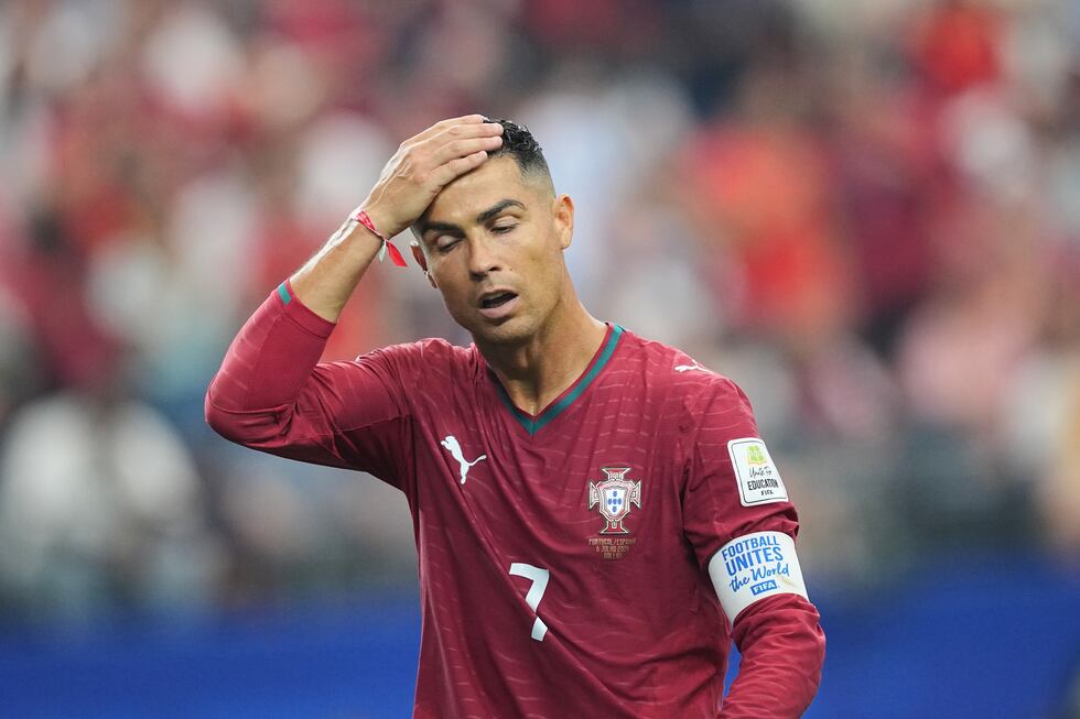 Portugal's Cristiano Ronaldo (7) reacts during the World Cup round of 16 soccer match between...